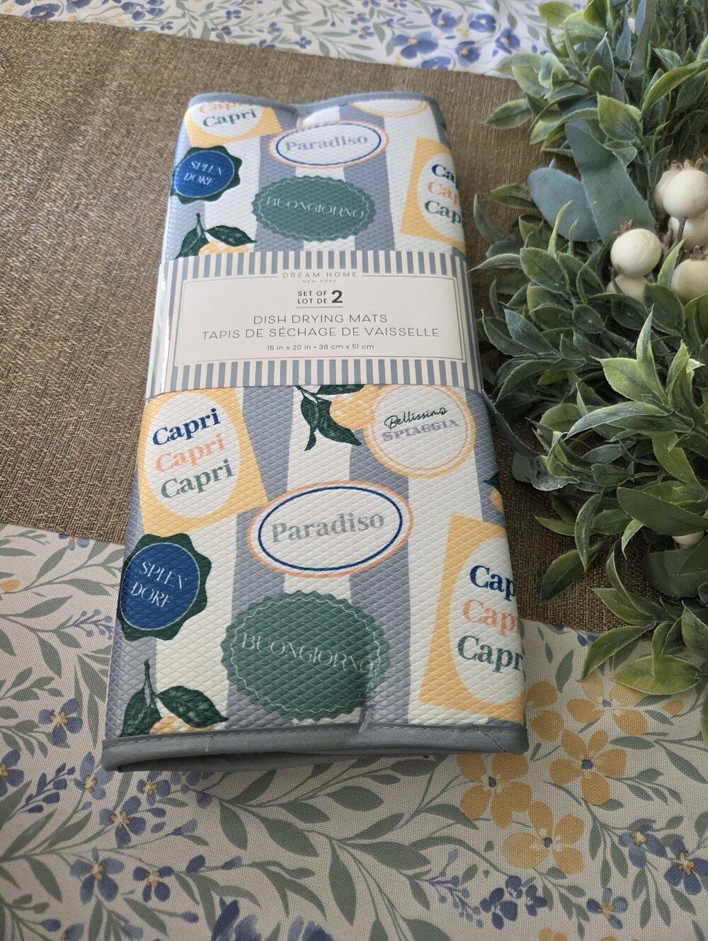 Dream Home Capri Paradiso Pattern Gray & Yellow Dish Drying Mats, Set of 2